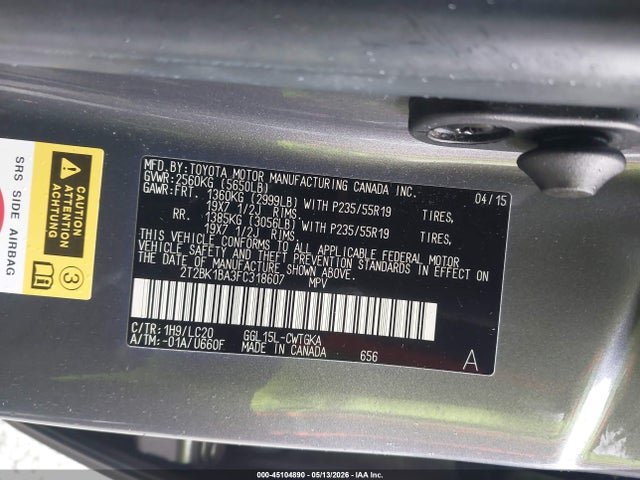 45104890 :رقم المزاد ، 2T2BK1BA3FC318607 vin ، 2015 Lexus Rx 350 مزاد بيع