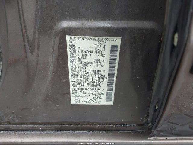 Aukcja sprzedaży 2008 Nissan Pathfinder Le V8, vin: 5N1BR18A48C601600, numer aukcji: 45104895