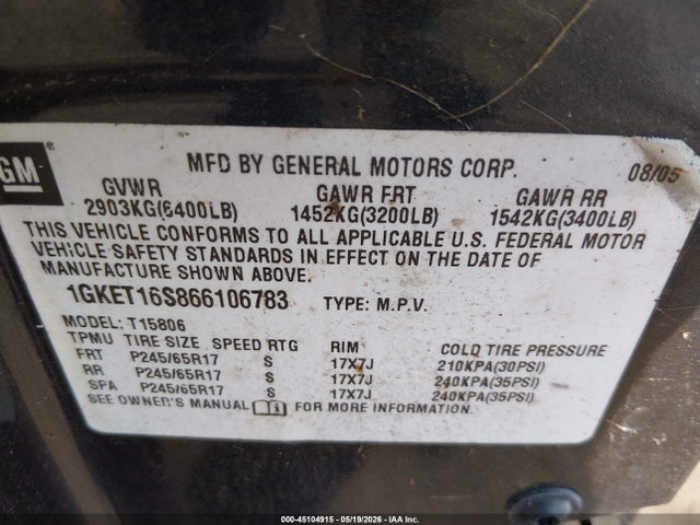 Продажа на аукционе авто 2006 Gmc Envoy Xl Slt, vin: 1GKET16S866106783, номер лота: 45104915
