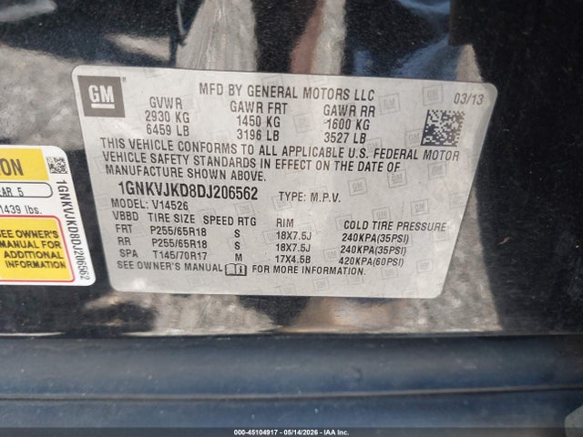 2013 Chevrolet Traverse 2lt მანქანა იყიდება აუქციონზე, vin: 1GNKVJKD8DJ206562, აუქციონის ნომერი: 45104917