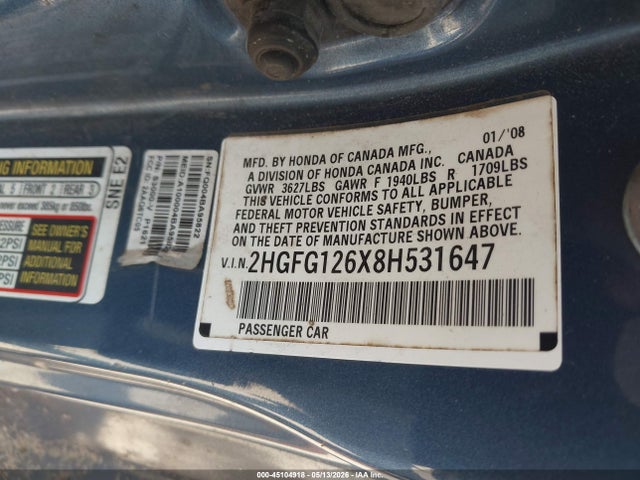45104918 :رقم المزاد ، 2HGFG126X8H531647 vin ، 2008 Honda Civic Lx مزاد بيع