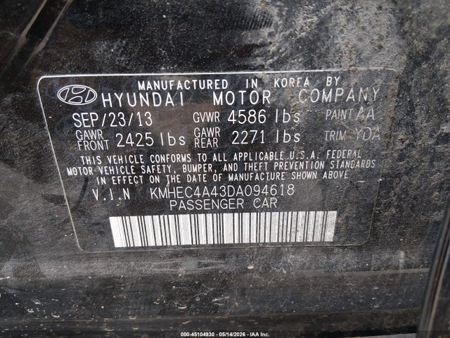 Aukcja sprzedaży 2013 Hyundai Sonata Hybrid Limited, vin: KMHEC4A43DA094618, numer aukcji: 45104930