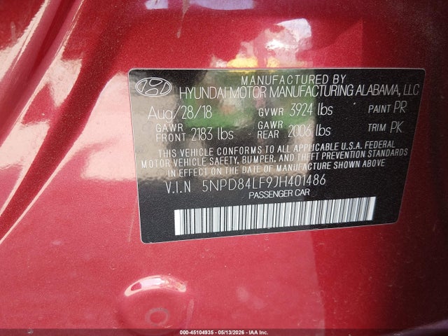 5NPD84LF9JH401486 Hyundai Elantra Value Edition