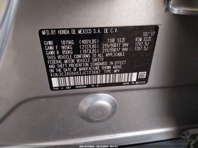45104945 :رقم المزاد ، 3CZRU5H53JG703687 vin ، 2018 Honda Hr-v Ex مزاد بيع