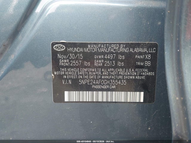 45104948 :رقم المزاد ، 5NPE24AF0GH355435 vin ، 2016 Hyundai Sonata Se مزاد بيع