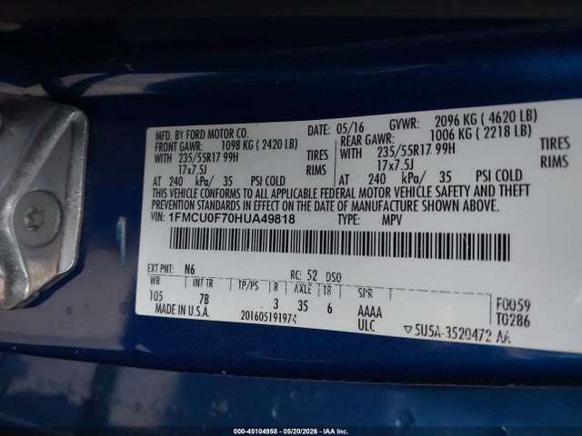 2017 Ford Escape S მანქანა იყიდება აუქციონზე, vin: 1FMCU0F70HUA49818, აუქციონის ნომერი: 45104958