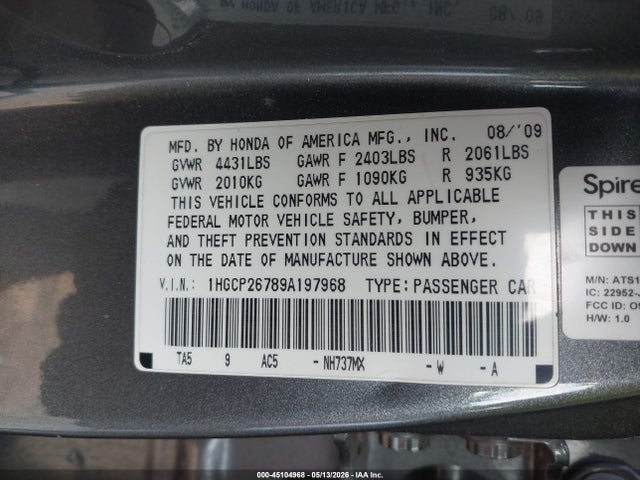 Aukcja sprzedaży 2009 Honda Accord 2.4 Ex, vin: 1HGCP26789A197968, numer aukcji: 45104968