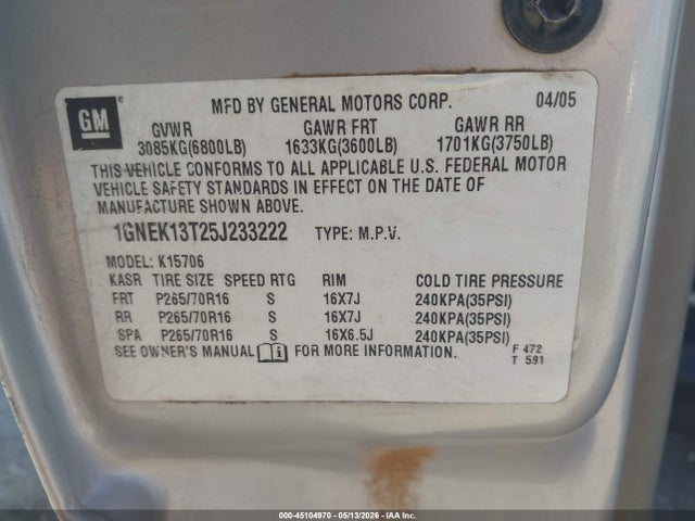 45104970 :رقم المزاد ، 1GNEK13T25J233222 vin ، 2005 Chevrolet Tahoe Ls مزاد بيع