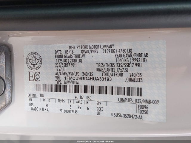 1FMCU9GD4HUA33193 Ford ESCAPE SE