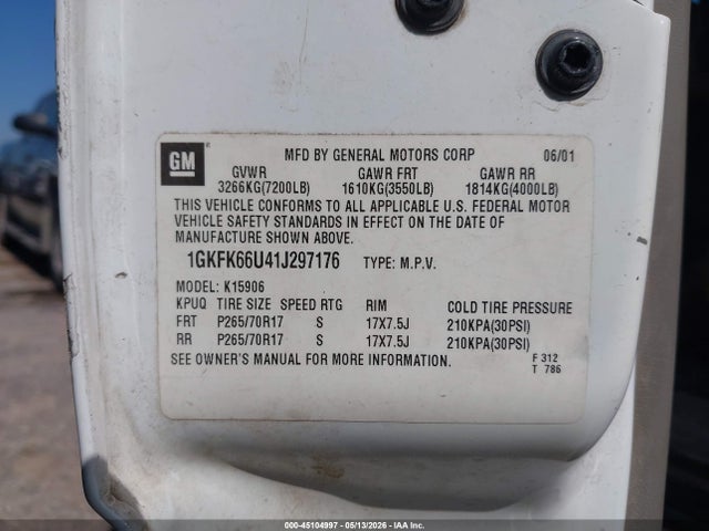 45104997 :رقم المزاد ، 1GKFK66U41J297176 vin ، 2001 Gmc Yukon Xl 1500 Denali مزاد بيع