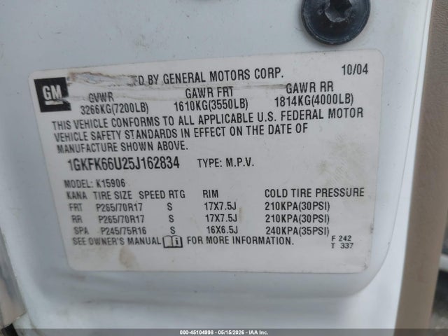 Auction sale of the 2005 Gmc Yukon Xl 1500 Denali, vin: 1GKFK66U25J162834, lot number: 45104998