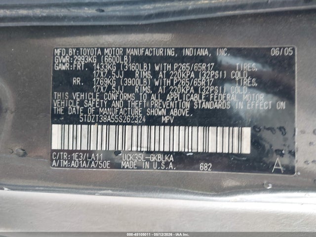 Aukcja sprzedaży 2005 Toyota Sequoia Limited V8, vin: 5TDZT38A55S262324, numer aukcji: 45105011
