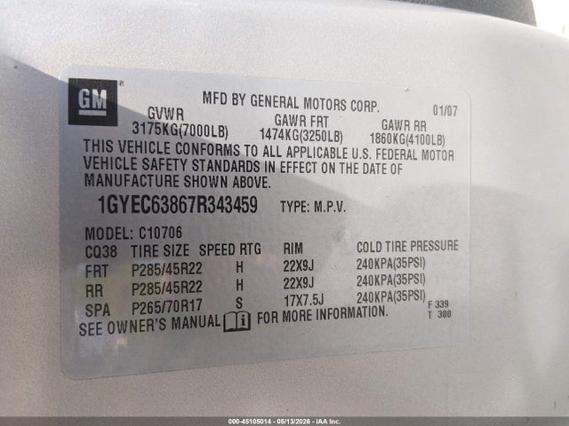 2007 Cadillac Escalade Standard მანქანა იყიდება აუქციონზე, vin: 1GYEC63867R343459, აუქციონის ნომერი: 45105014