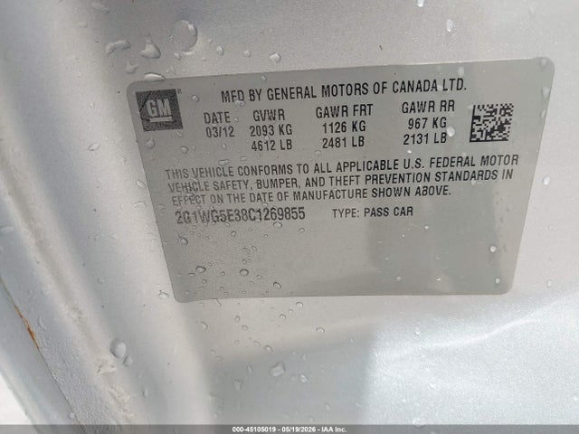 Aukcja sprzedaży 2012 Chevrolet Impala Lt, vin: 2G1WG5E38C1269855, numer aukcji: 45105019