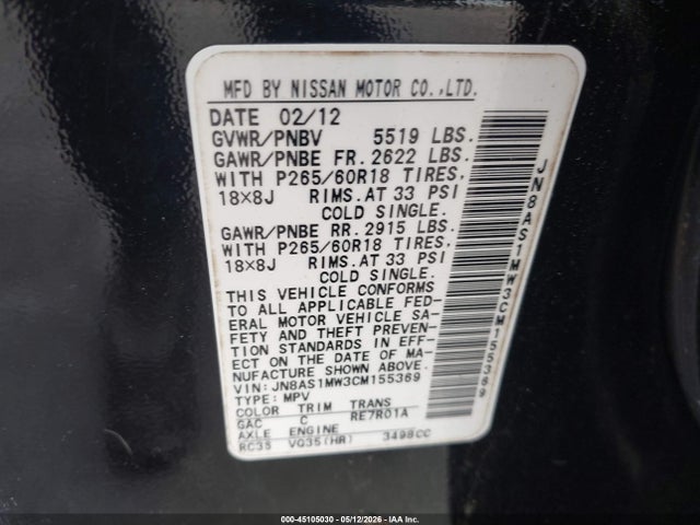 Aukcja sprzedaży 2012 Infiniti Fx35, vin: JN8AS1MW3CM155369, numer aukcji: 45105030