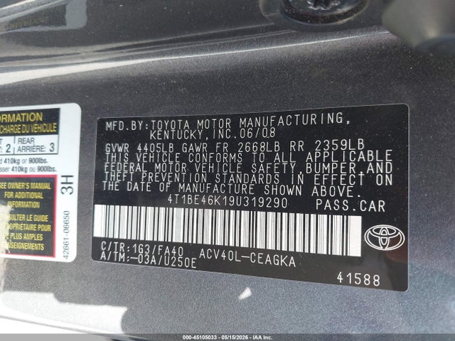 2009 Toyota Camry Xle მანქანა იყიდება აუქციონზე, vin: 4T1BE46K19U319290, აუქციონის ნომერი: 45105033