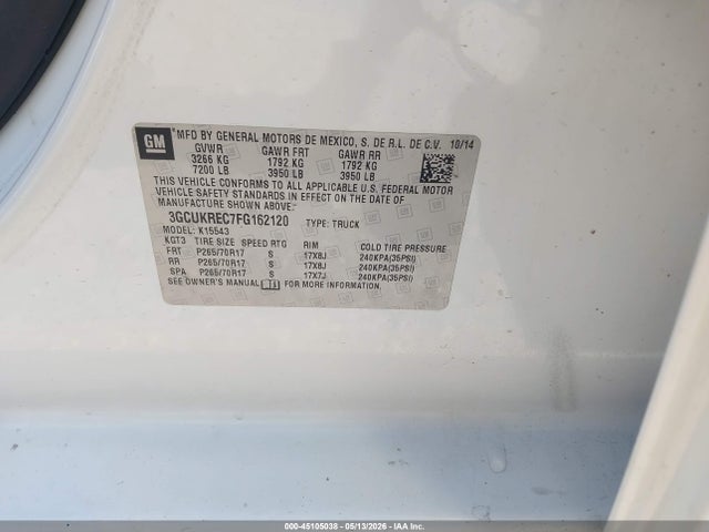 45105038 :رقم المزاد ، 3GCUKREC7FG162120 vin ، 2015 Chevrolet Silverado 1500 1lt مزاد بيع