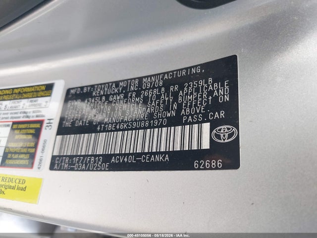 45105056 :رقم المزاد ، 4T1BE46K59U881970 vin ، 2009 Toyota Camry Le مزاد بيع