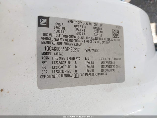 45105073 :رقم المزاد ، 1GC4K0C85BF180217 vin ، 2011 Chevrolet Silverado 3500hd Lt مزاد بيع