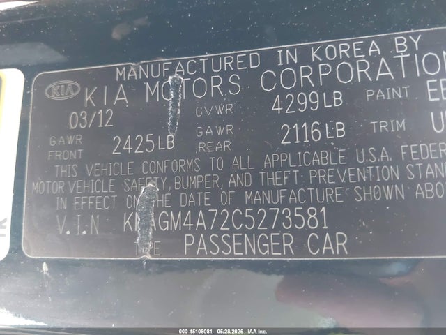 Aukcja sprzedaży 2012 Kia Optima Lx, vin: KNAGM4A72C5273581, numer aukcji: 45105081