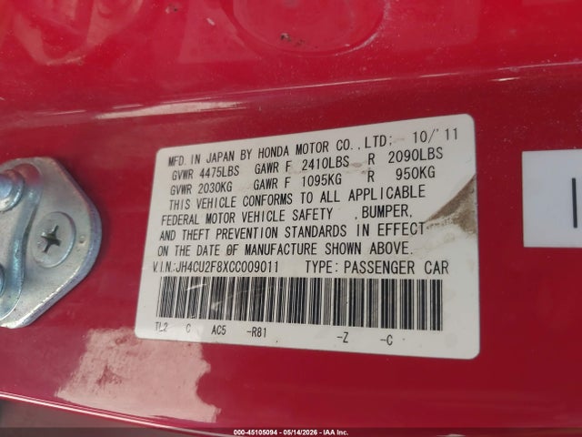 2012 Acura Tsx 2.4 მანქანა იყიდება აუქციონზე, vin: JH4CU2F8XCC009011, აუქციონის ნომერი: 45105094