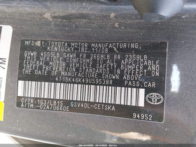 2009 Toyota Camry Se V6 მანქანა იყიდება აუქციონზე, vin: 4T1BK46K49U595388, აუქციონის ნომერი: 45105098