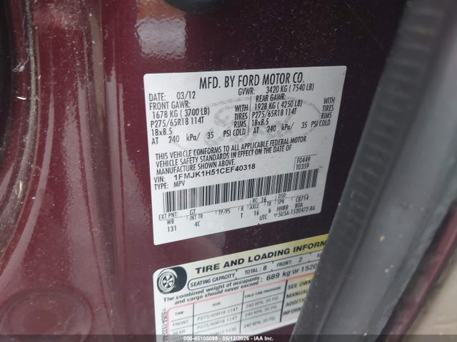 Продажа на аукционе авто 2012 Ford Expedition El Xlt, vin: 1FMJK1H51CEF40318, номер лота: 45105099