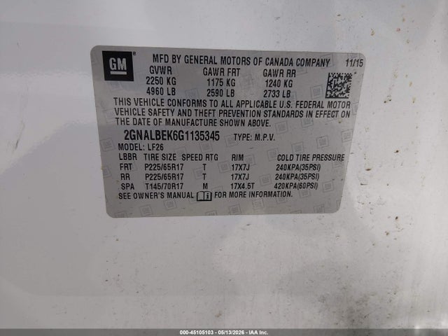 2GNALBEK6G1135345 Chevrolet EQUINOX LS
