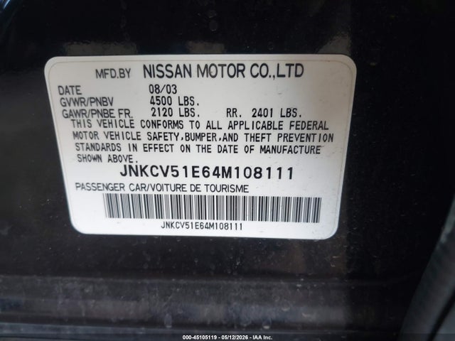 Aukcja sprzedaży 2004 Infiniti G35, vin: JNKCV51E64M108111, numer aukcji: 45105119