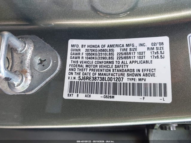 45105122 :رقم المزاد ، 5J6RE38738L001207 vin ، 2008 Honda Cr-v Ex-l مزاد بيع