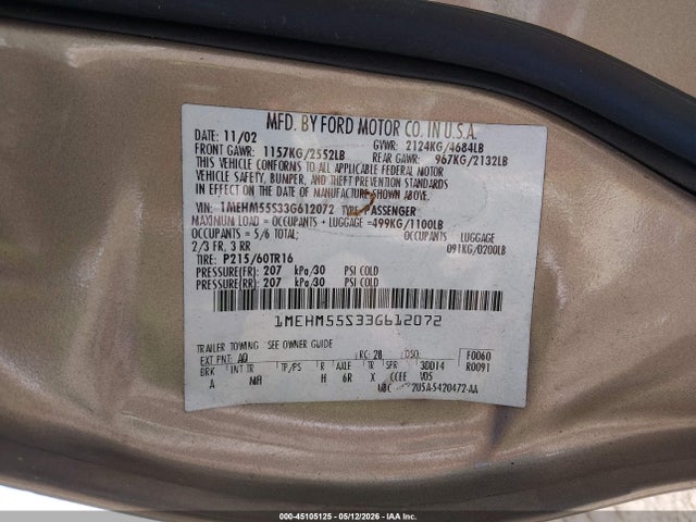 Продаж на аукціоні авто 2003 Mercury Sable Ls Premium, vin: 1MEHM55S33G612072, номер лоту: 45105125