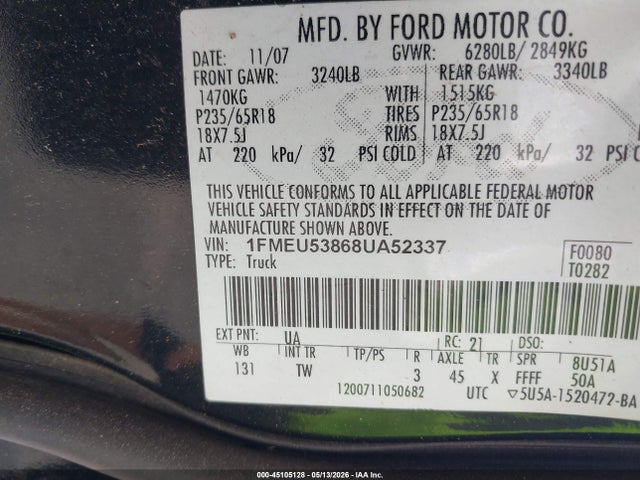 45105128 :رقم المزاد ، 1FMEU53868UA52337 vin ، 2008 Ford Explorer Sport Trac Limited مزاد بيع