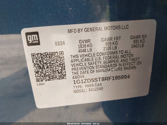 Aukcja sprzedaży 2024 Chevrolet Malibu Fwd 1lt, vin: 1G1ZD5ST8RF195994, numer aukcji: 45105138