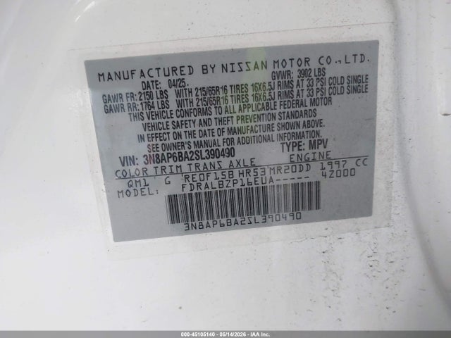 45105140 :رقم المزاد ، 3N8AP6BA2SL390490 vin ، 2025 Nissan Kicks S Fwd مزاد بيع
