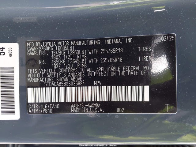 45105145 :رقم المزاد ، 5TDACAB58SS036884 vin ، 2025 Toyota Grand Highlander Hybrid Xle مزاد بيع