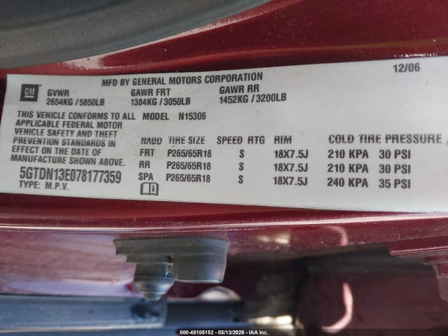 45105152 :رقم المزاد ، 5GTDN13E078177359 vin ، 2007 Hummer H3 Suv مزاد بيع