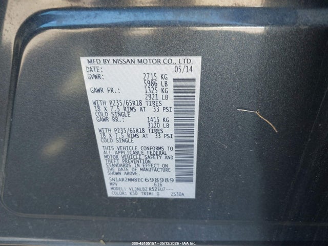Nissan Pathfinder S 2014 5N1AR2MM8EC698989 Image 9