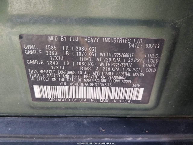 Продаж на аукціоні авто 2014 Subaru Outback 2.5i, vin: 4S4BRBAC0E3235535, номер лоту: 45105158