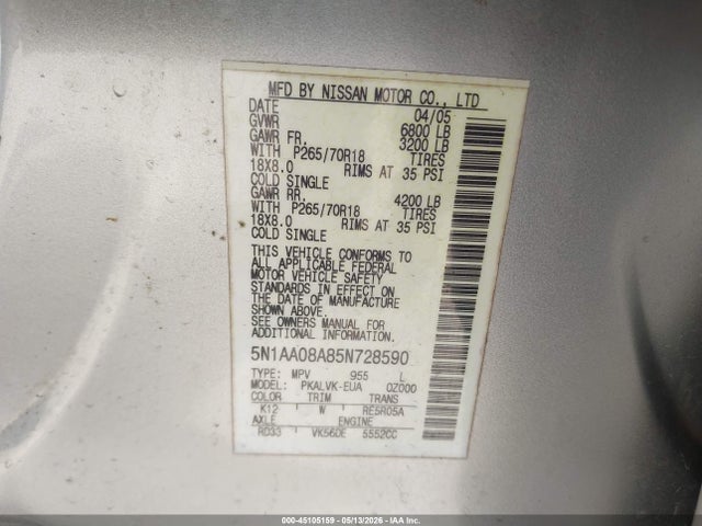 Aukcja sprzedaży 2005 Nissan Armada Le, vin: 5N1AA08A85N728590, numer aukcji: 45105159