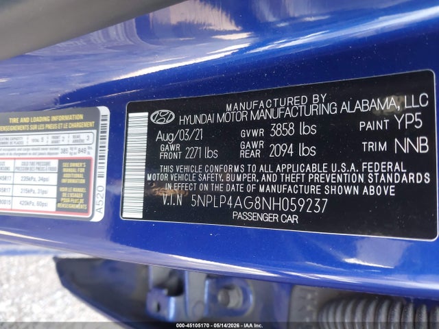 Продажа на аукционе авто 2022 Hyundai Elantra Limited, vin: 5NPLP4AG8NH059237, номер лота: 45105170