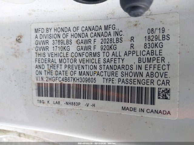 Aukcja sprzedaży 2019 Honda Civic Lx, vin: 2HGFC4B67KH309605, numer aukcji: 45105220