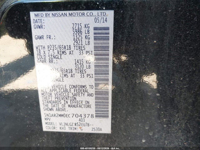 Aukcja sprzedaży 2014 Nissan Pathfinder Sl, vin: 5N1AR2MM0EC704378, numer aukcji: 45105230