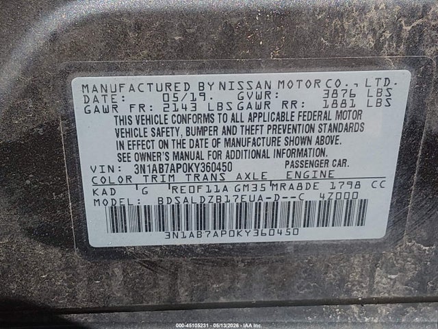 Aukcja sprzedaży 2019 Nissan Sentra Sv, vin: 3N1AB7AP0KY360450, numer aukcji: 45105231