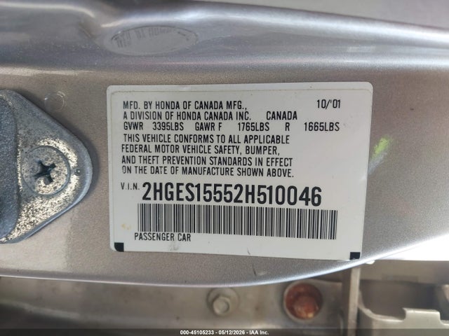 Aukcja sprzedaży 2002 Honda Civic Lx, vin: 2HGES15552H510046, numer aukcji: 45105233