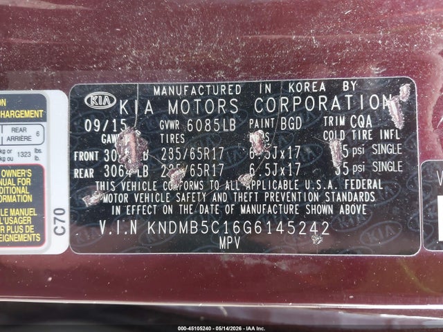 Продажа на аукционе авто 2016 Kia Sedona Lx, vin: KNDMB5C16G6145242, номер лота: 45105240