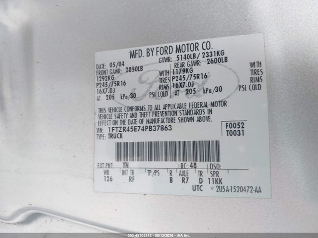 45105242 :رقم المزاد ، 1FTZR45E74PB37863 vin ، 2004 Ford Ranger Edge/tremor/xlt مزاد بيع