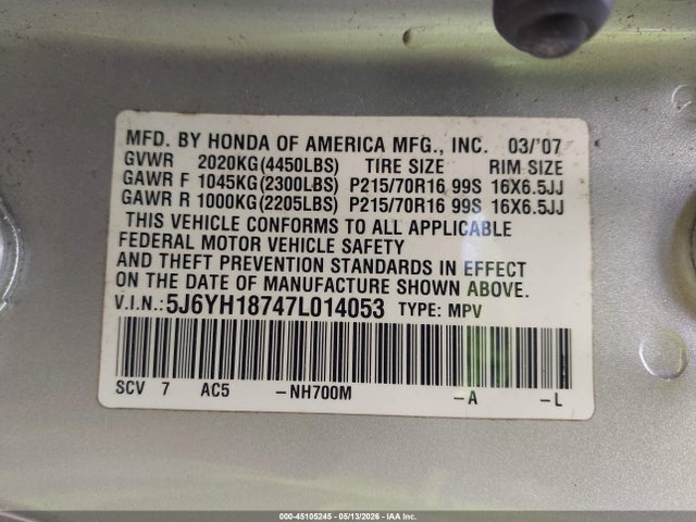 45105245 :رقم المزاد ، 5J6YH18747L014053 vin ، 2007 Honda Element Ex مزاد بيع