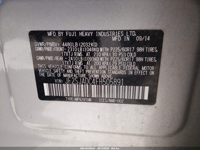 45105254 :رقم المزاد ، JF2SJADC4FH505891 vin ، 2015 Subaru Forester 2.5i Premium مزاد بيع
