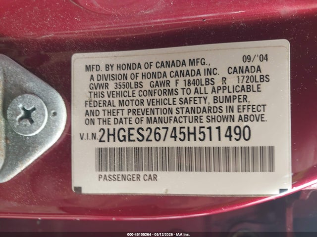 2005 Honda Civic Ex მანქანა იყიდება აუქციონზე, vin: 2HGES26745H511490, აუქციონის ნომერი: 45105264