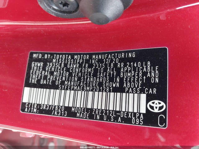 Aukcja sprzedaży 2021 Toyota Corolla Le, vin: 5YFEPMAE9MP201281, numer aukcji: 45105271